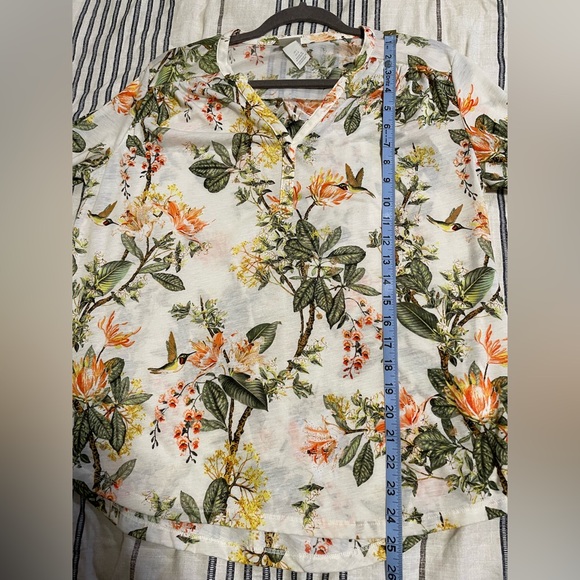 H&M Floral Sheer Blouse Tunic Top bird hummingbird cream green orange yellow - Picture 12 of 12